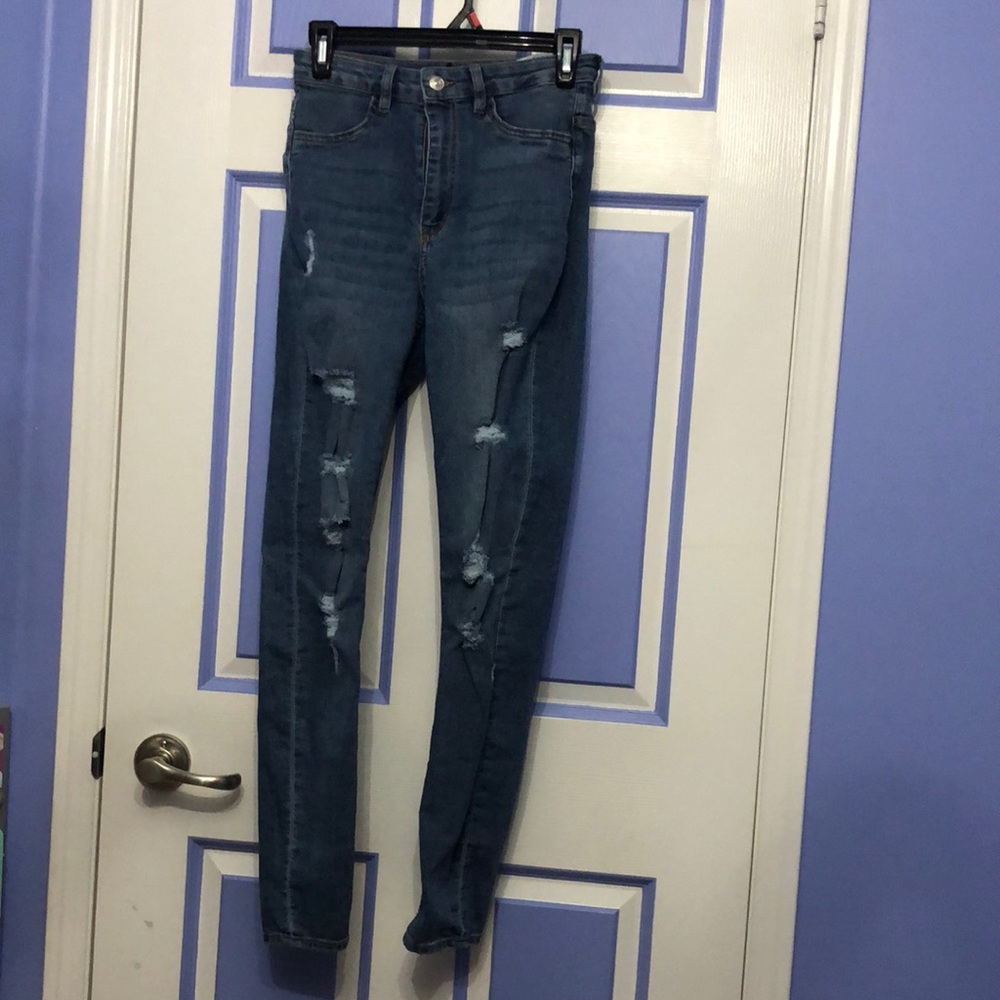 Blue High Rise Ripped Super Skinny Jeans